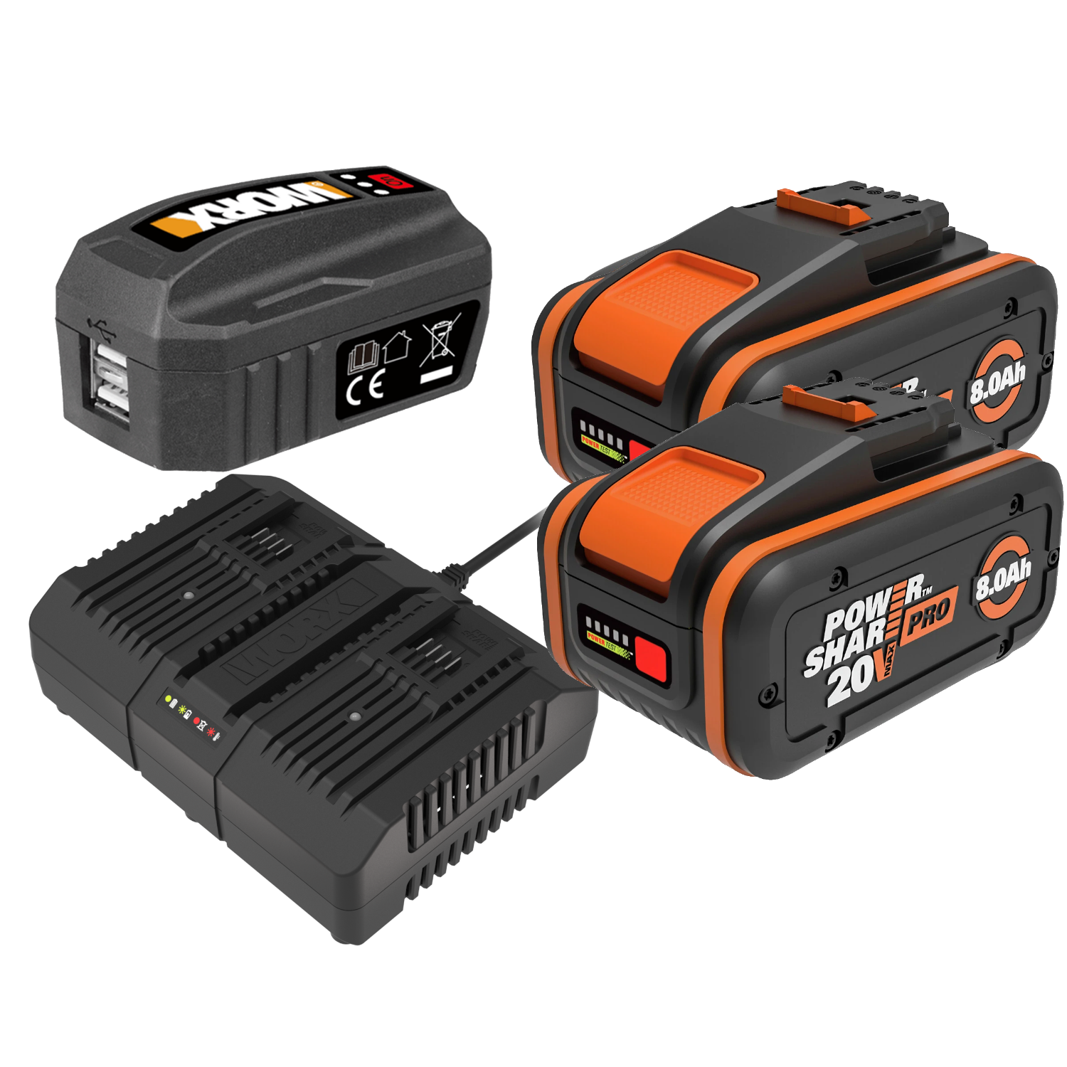 Worx 20V PowerShare Startsæt med 2 stk. 8,0Ah batteri, dobbelt lynlader og USB ladeaggregat