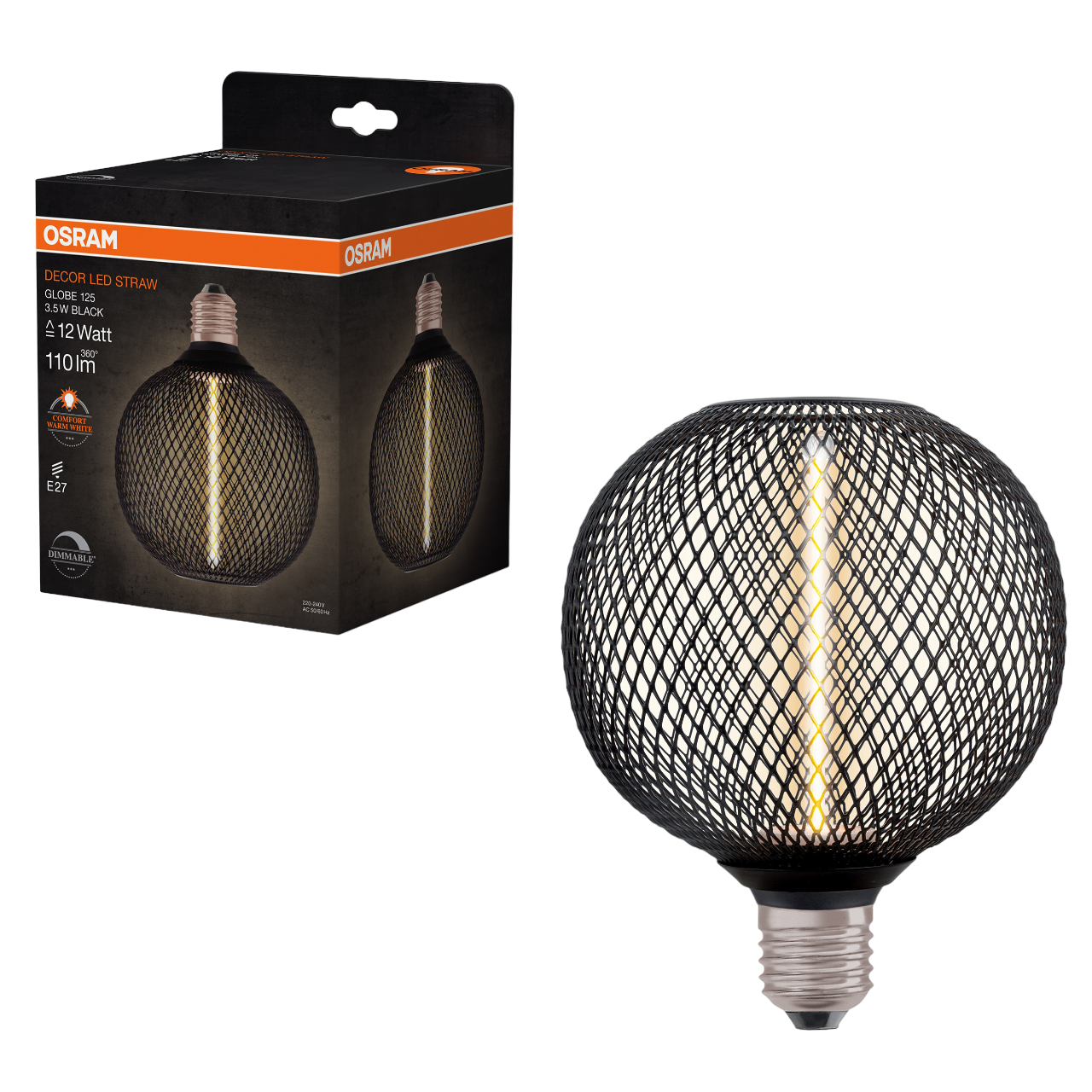 LEDVANCE E27 Decor LED Pære Straw Filament Globe 125 12 BLACK DIM 3.5W 818