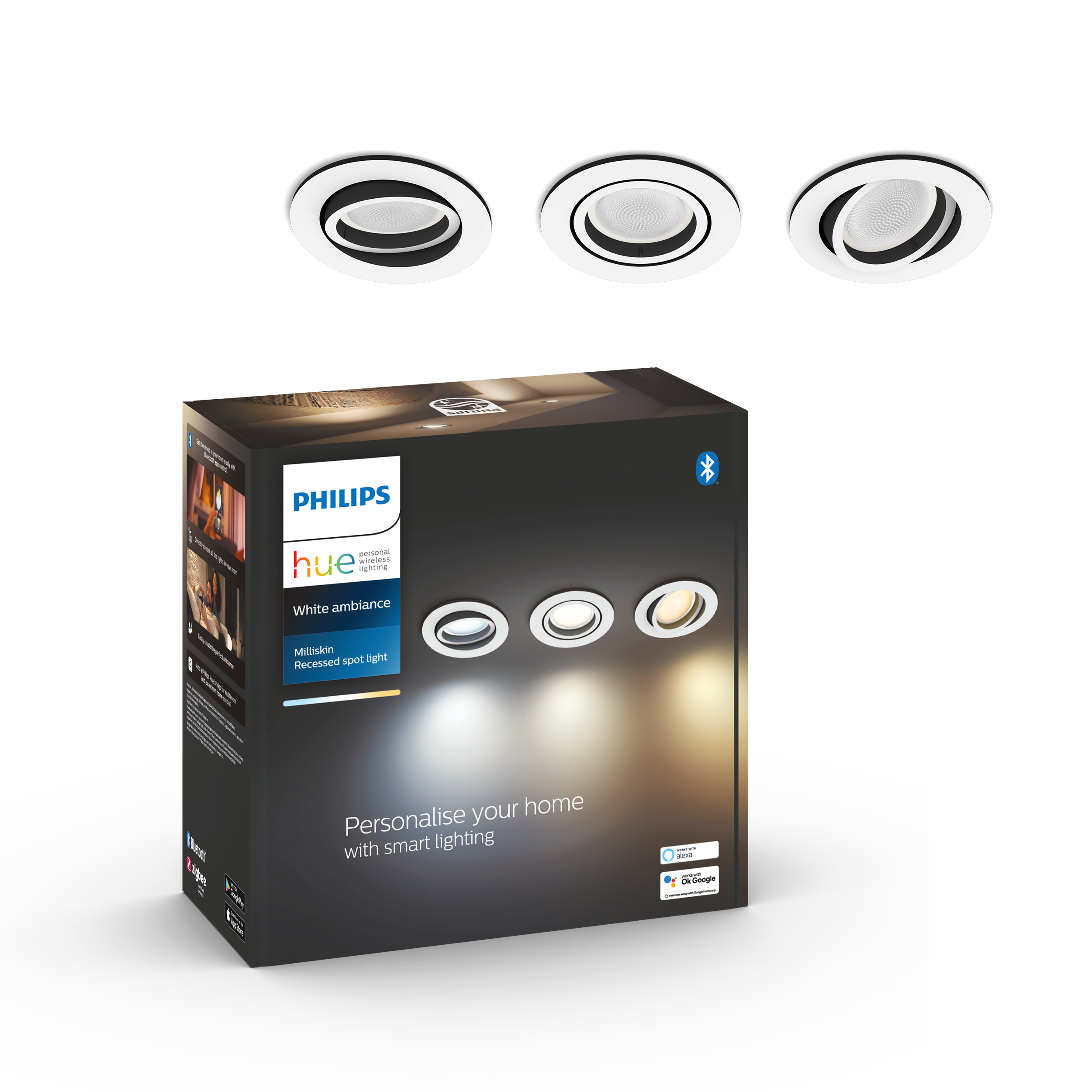 Philips Hue Milliskin WA BT Rund indbygningsspot i hvid - 3 stk.
