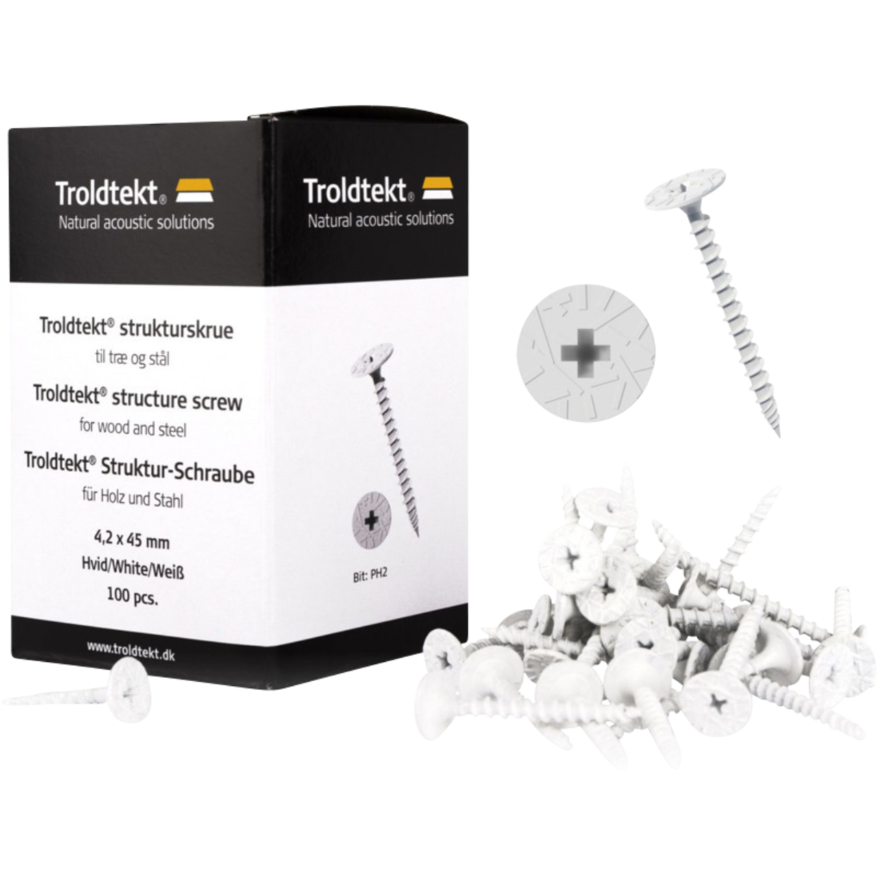Troldtekt Strukturskrue til træ og stål 4,2x45 mm i hvid - 100 stk.