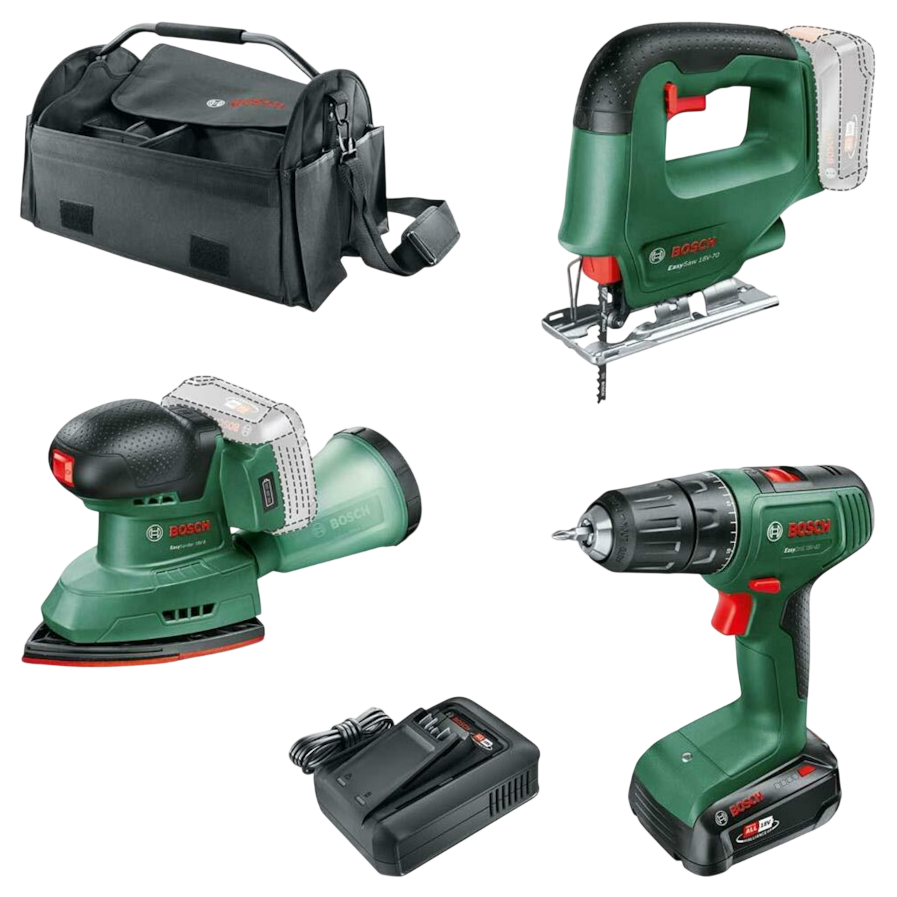 Bosch 18V Bore-/skruemaskine, stiksav og multisliber med 2,5Ah batteri og lader