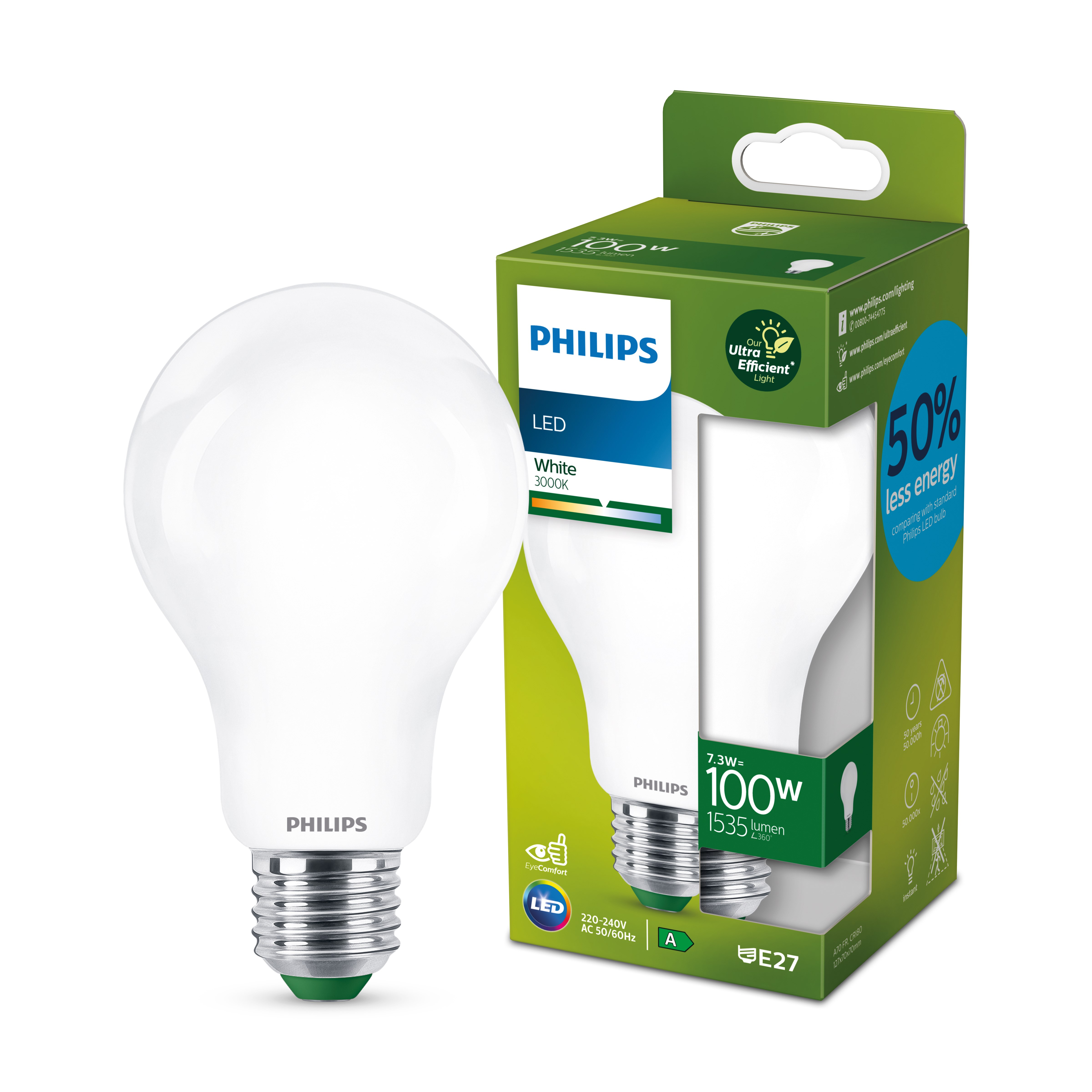 Philips E27 Utrolig Energibesparende LED Pære 7.3W A70 3000K 1535lm