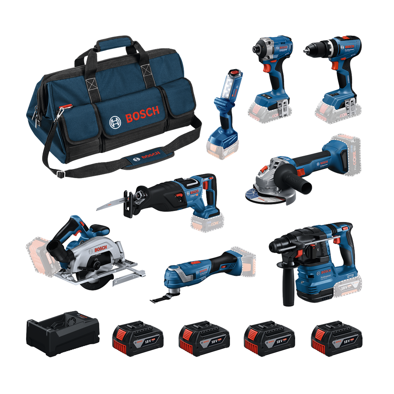 Bosch Professional PRO 18V Elværktøjssæt GSB, GDR, GBH, GWS, GKS, GSA, GOP, GLI med 4 stk. 5,0Ah batteri og lader