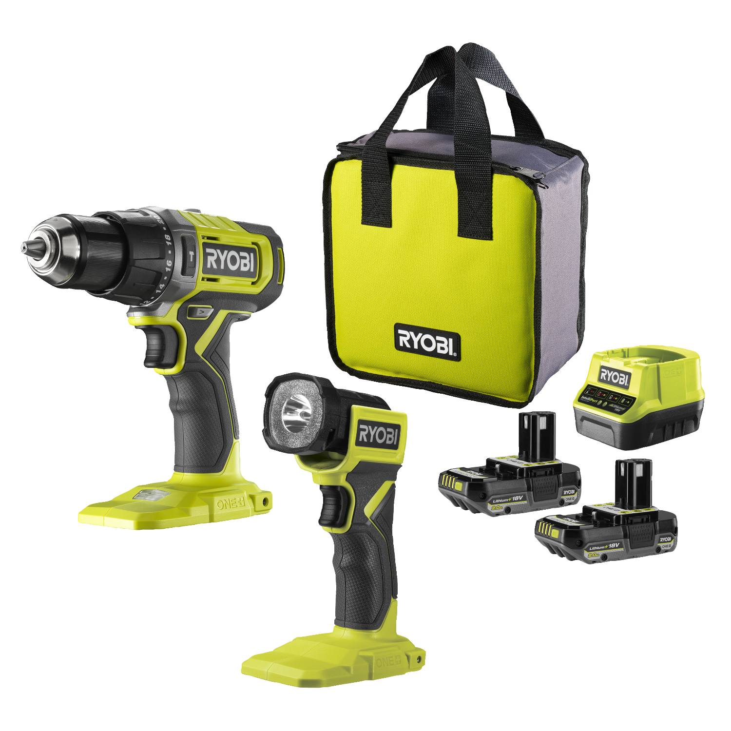 Ryobi RPD18-2C20ST ONE+ 18V Elværktøjssæt med slagboremaskine, arbejdslampe, 2 stk. 2,0Ah batteri og lader
