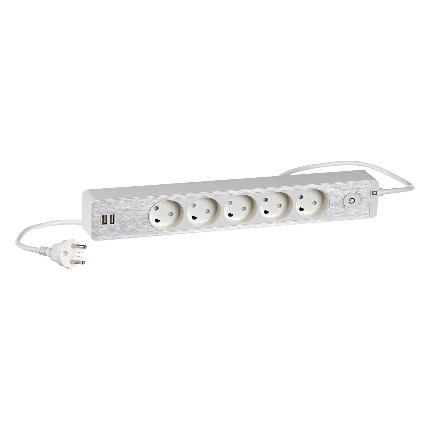 LK Stikdåse 5 udtag+2xUSB med 1,5M ledning og afbryder uden jord - Hvid med alu front