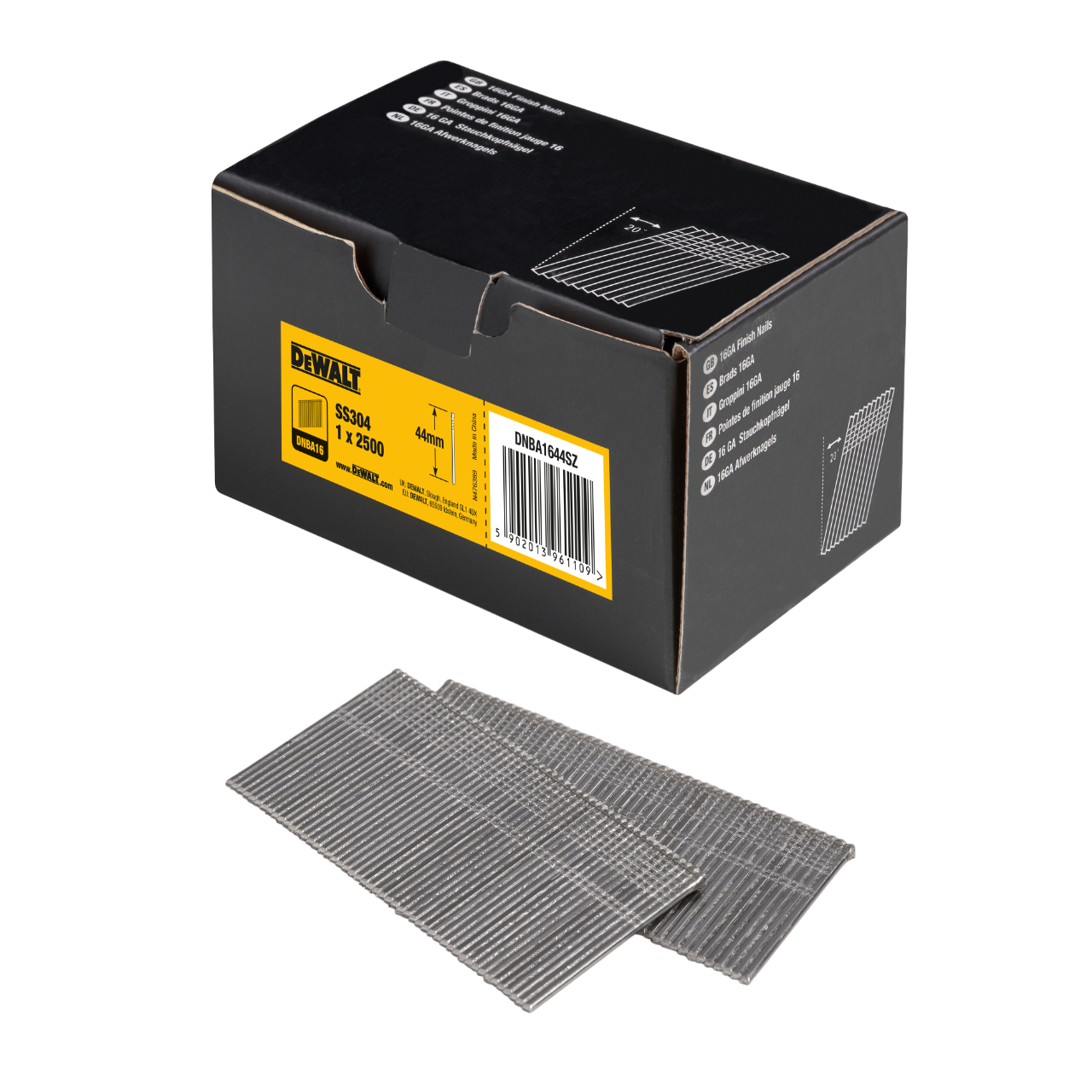 DeWALT 16GA Dykker 1,6x44mm rustfri stål A2, vinklet 20° - 2500 stk.