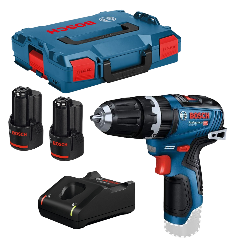 Bosch Professional GSB 12V-35 Slagbore-/skruemaskine med 2 stk. 3,0Ah batteri, lader og L-BOXX