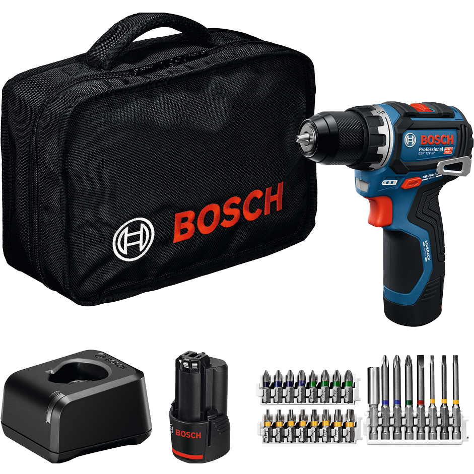 Bosch Professional GSR 12V-32 Bore-/skruemaskine med 2 stk. 2,0Ah batteri, lader, tilbehørsæt og taske