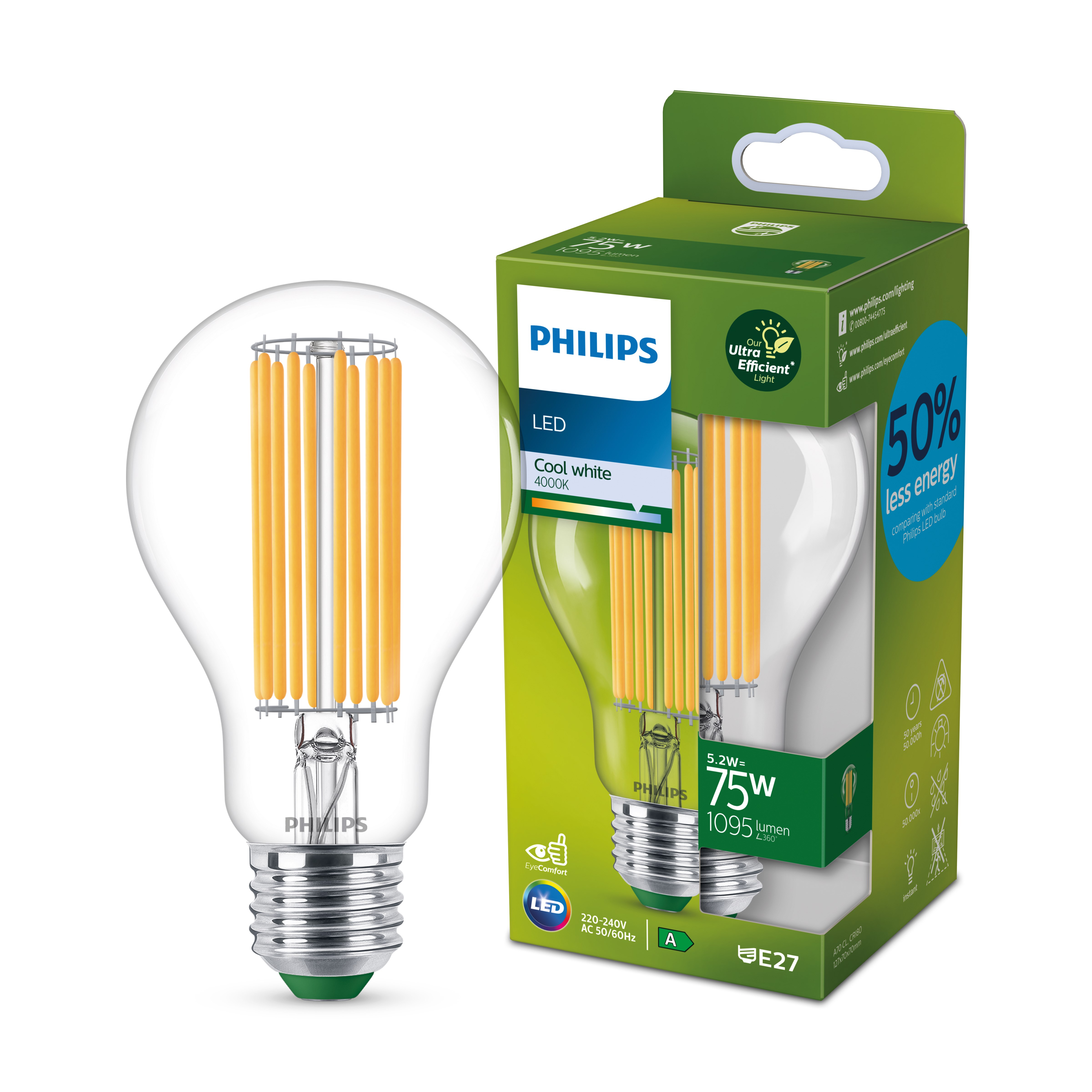 Philips E27 Utrolig Energibesparende LED Pære 5.3W A70 4000K 1095lm