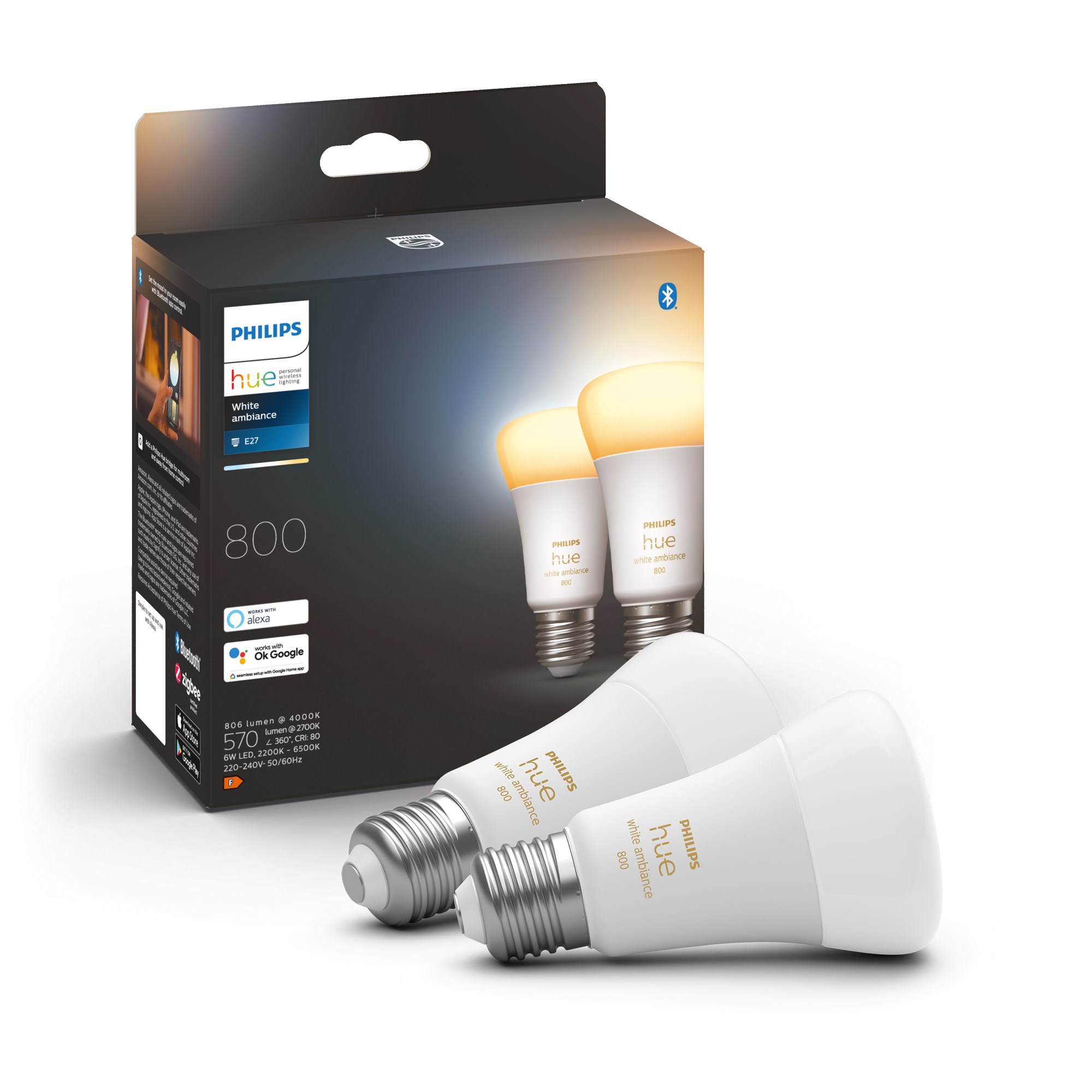 Philips Hue E27 BT White Ambiance 800 lm pære 2-pak