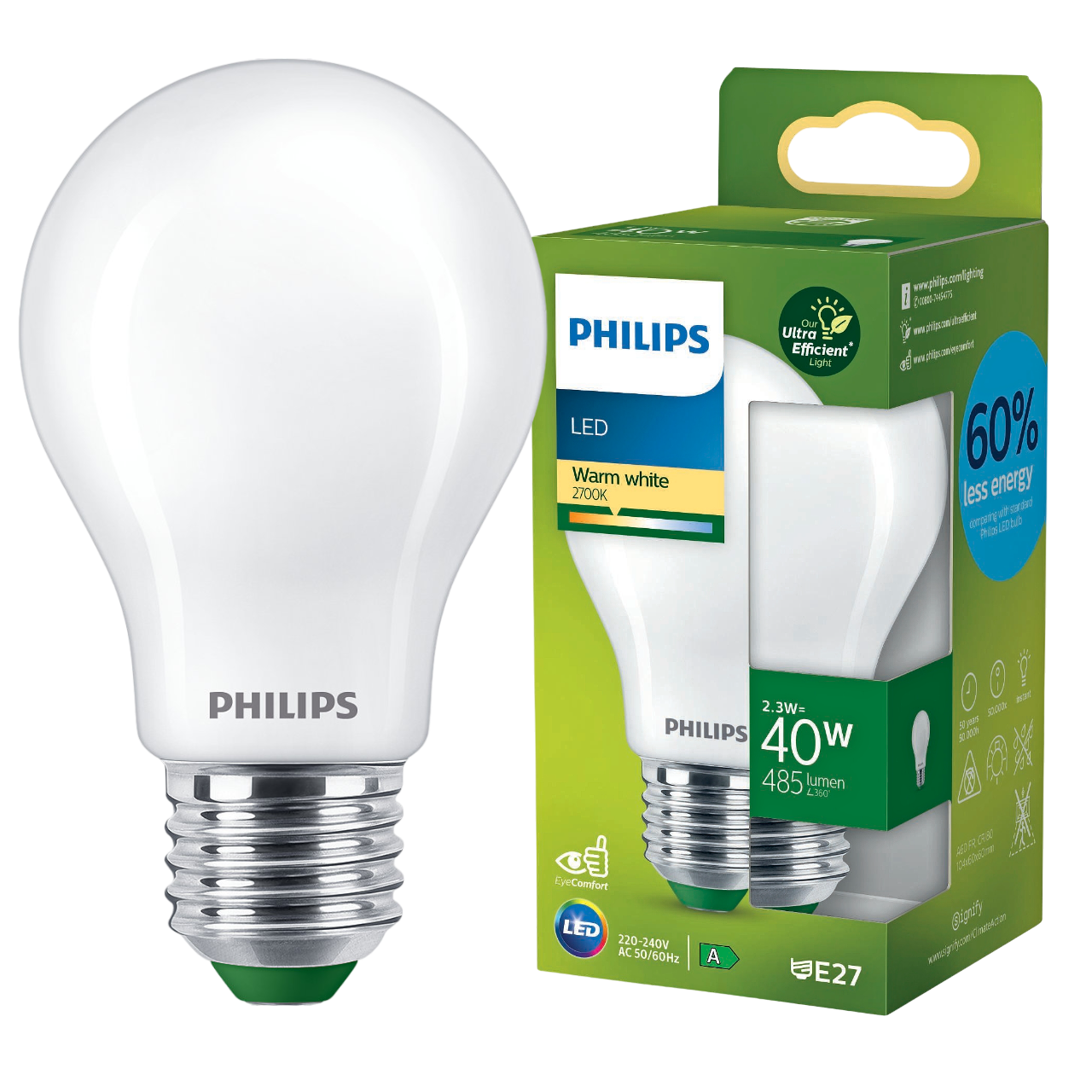 Philips E27 Utrolig Energibesparende LED Pære 2.3W A60 2700K 485lm