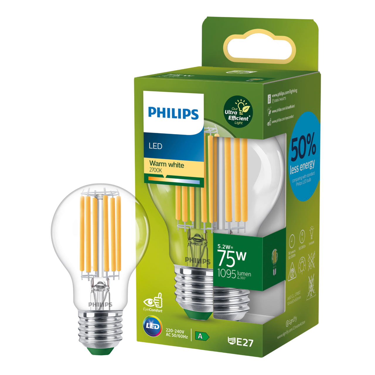 Philips E27 Ultra Efficient Filament pære, klar 75W A60 2700K 1095lm