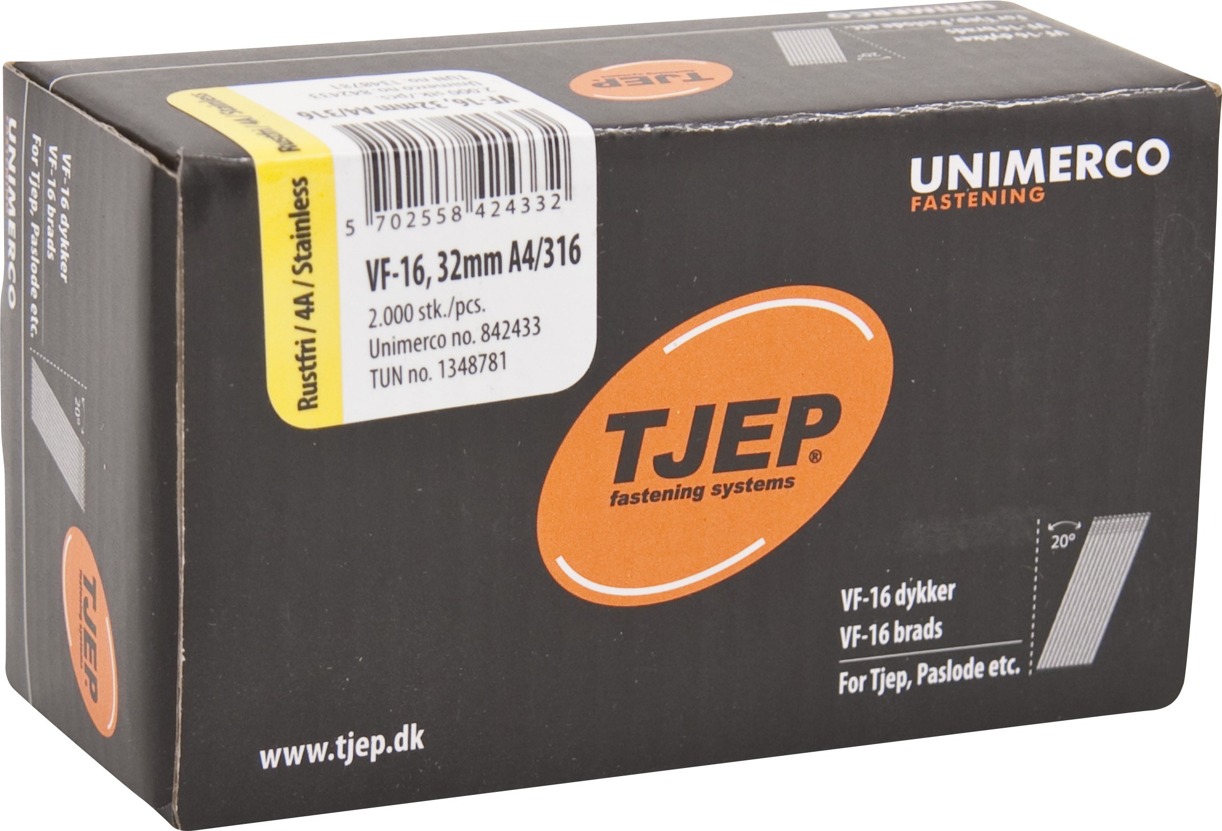 Tjep VF-16 Dykker 1,6x32mm rustfri stål A4, vinklet 20° - 2000 stk.
