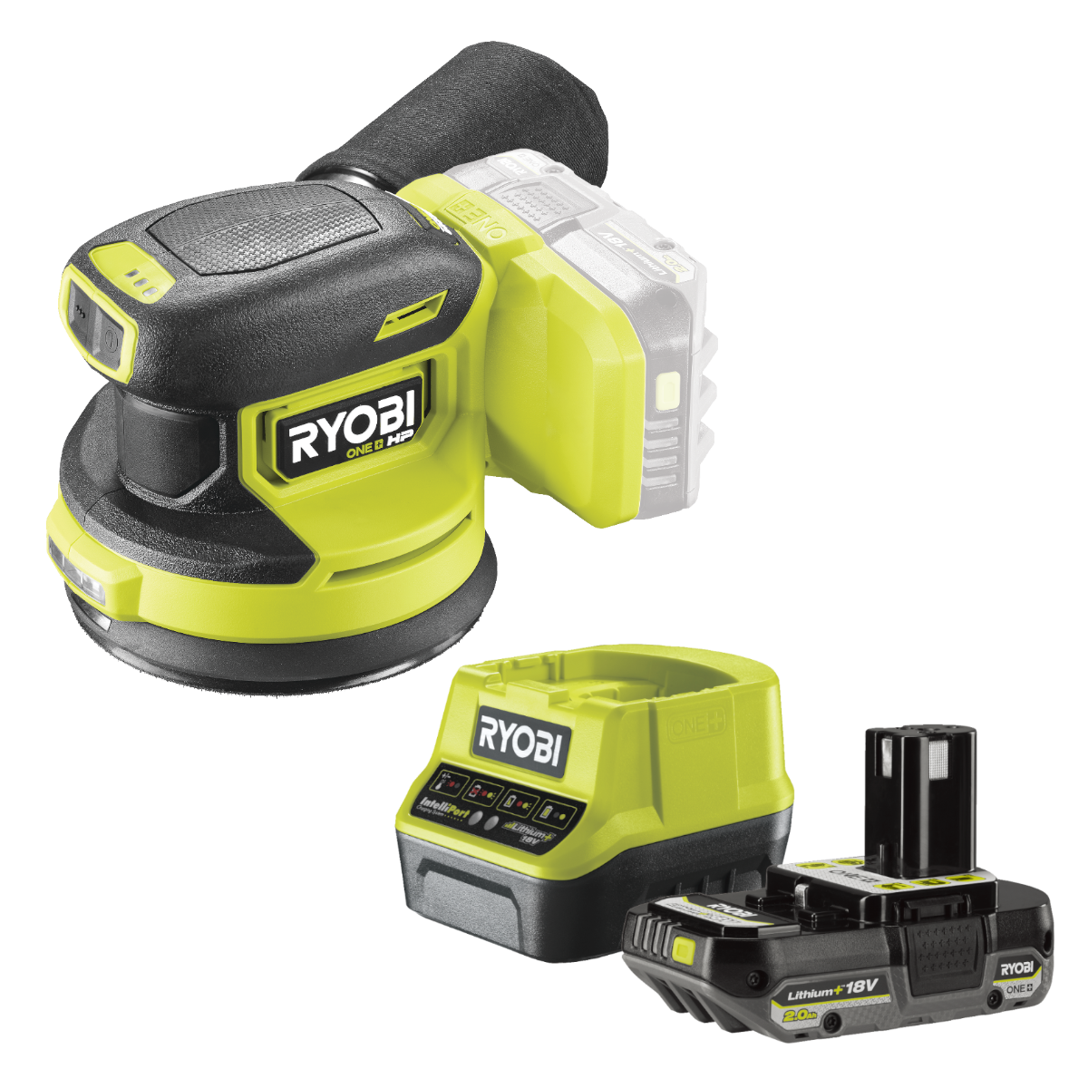 Ryobi RROS18C ONE+ 18V HP Excentersliber med 2,0Ah batteri og hurtiglader