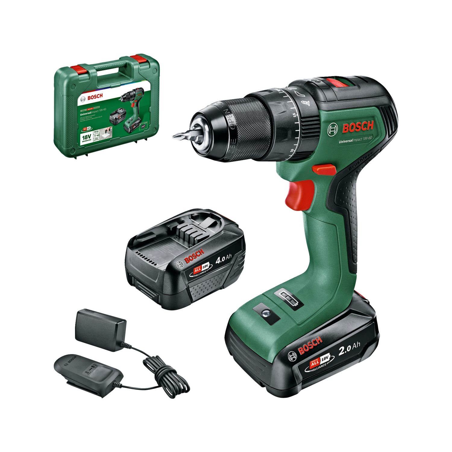 Bosch UniversalImpact 18V-60 Slagbore-/skruemaskine med 2,0/4,0Ah batteri og lader