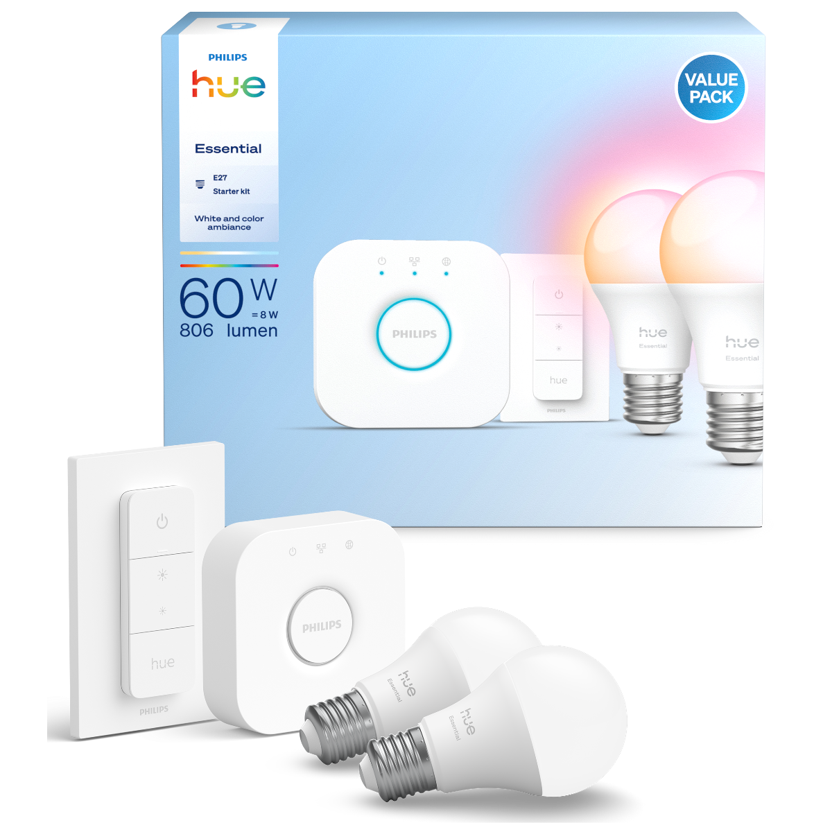 Philips Hue Essential E27 WCA 806 lm - Startsæt 2E27+DS+BR