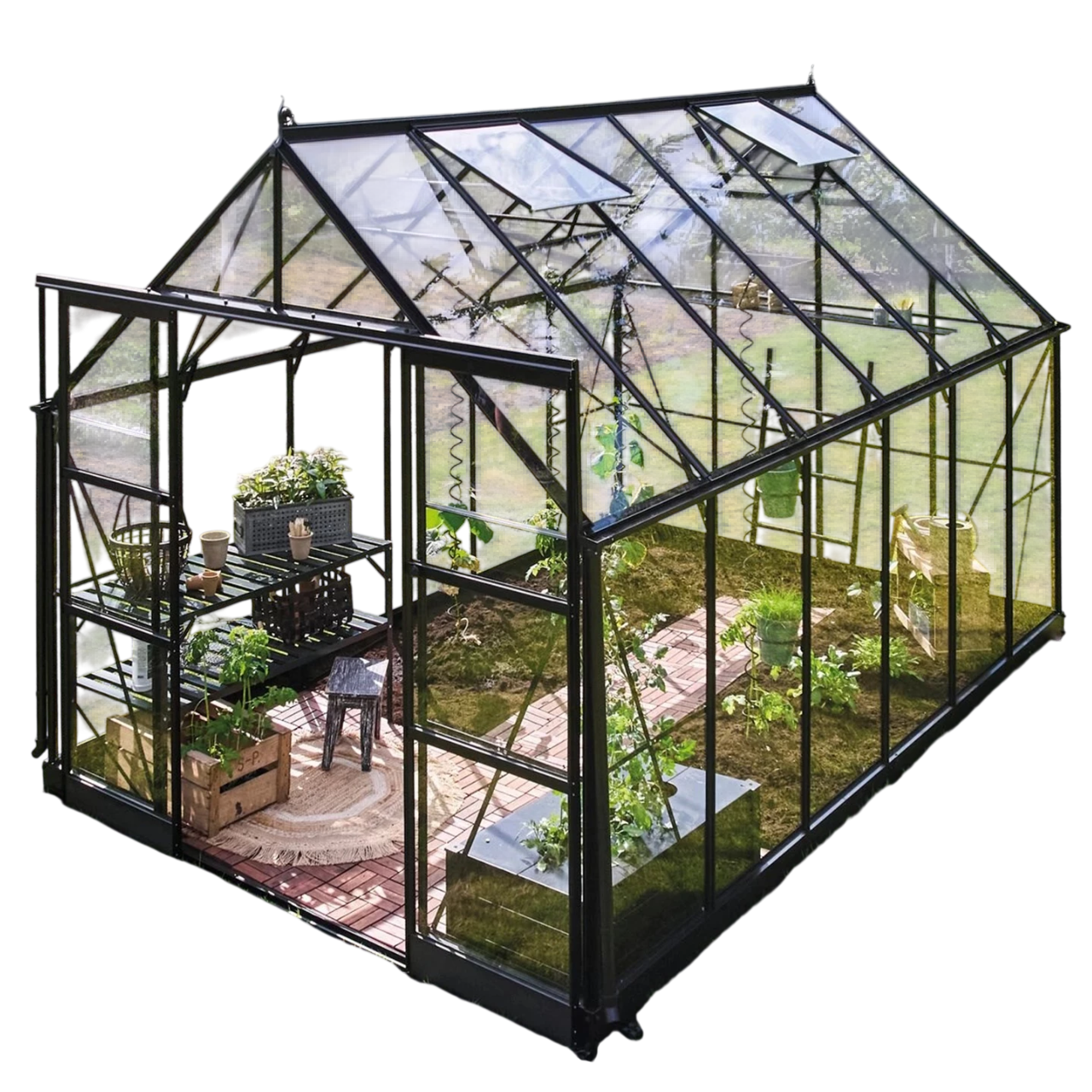 Halls ICON 8 Drivhus i sort 9,7 m² (8' x 12') med 3 mm hærdet glas inkl. sort fundament