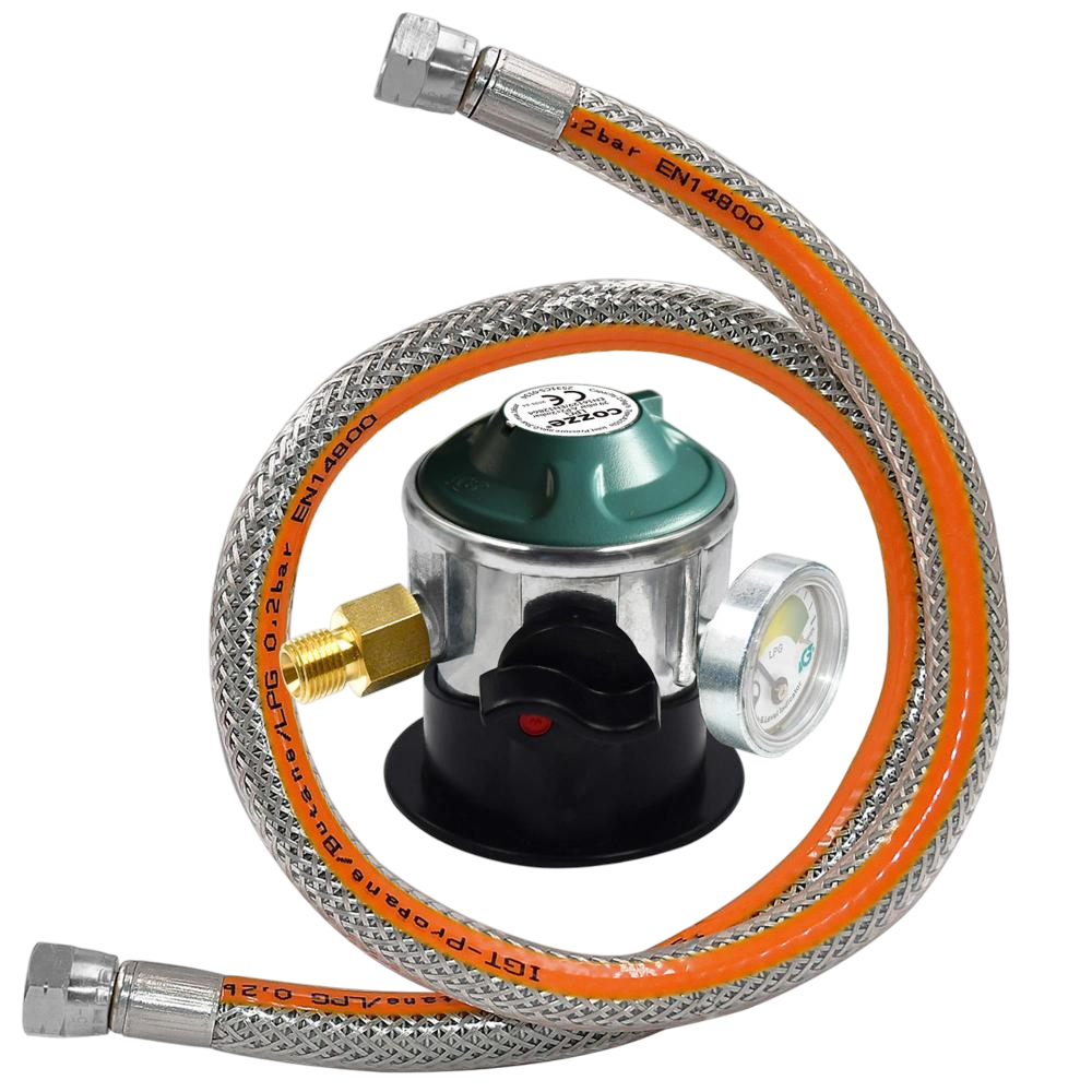 Cozze Regulator med manometer og stålflexslange 110 cm