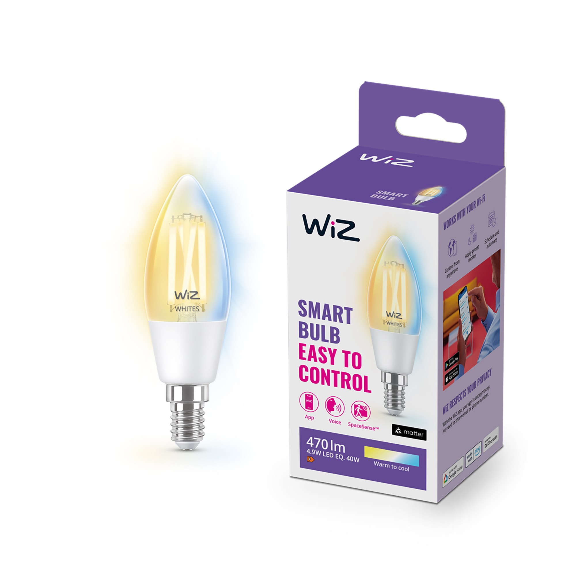 WiZ E14 C35 Tunable White Smart LED Wi-Fi filament pære klar
