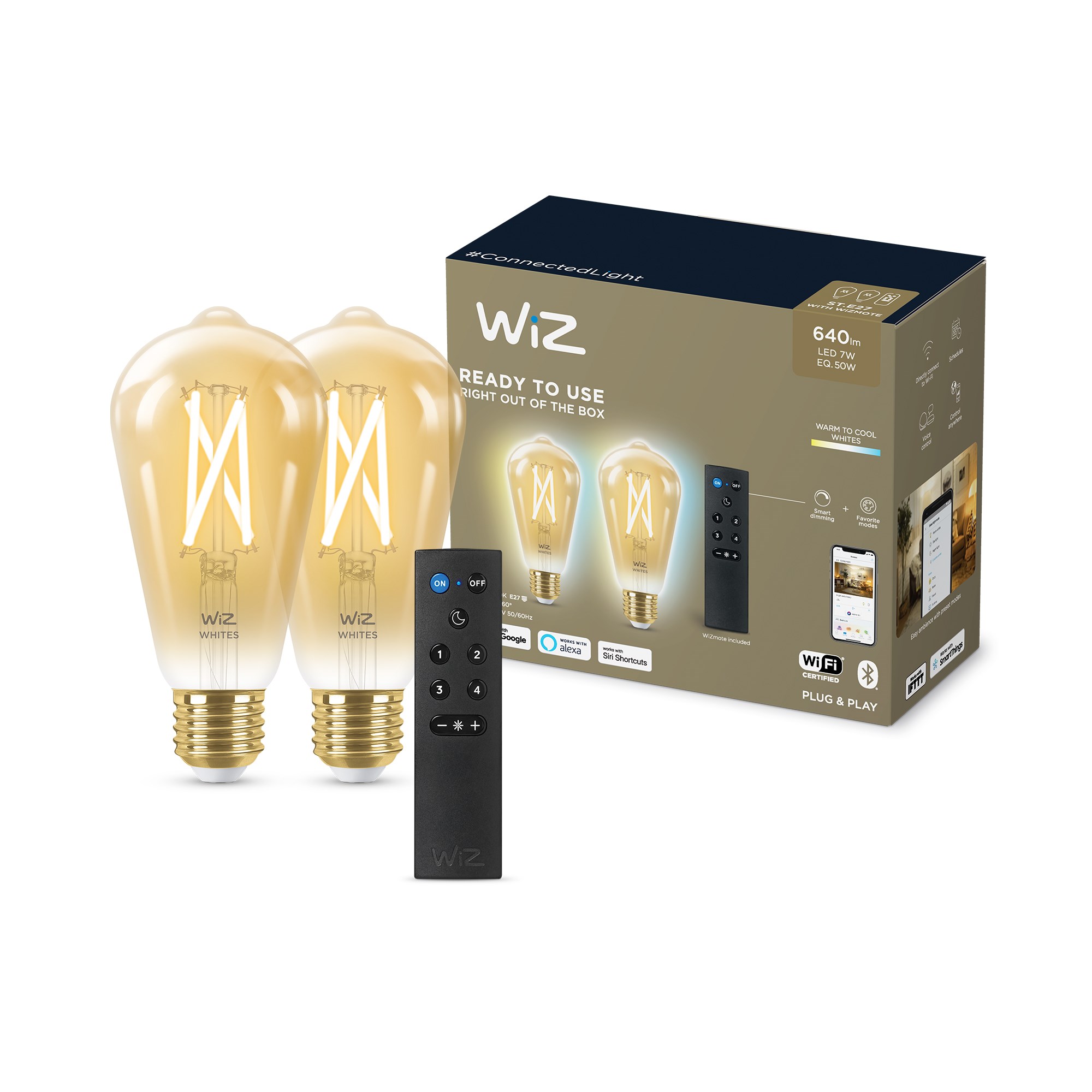 WiZ E27 ST64 Tunable White Smart LED Wi-Fi filament pære ravfarvet 2-pak + Wizmote