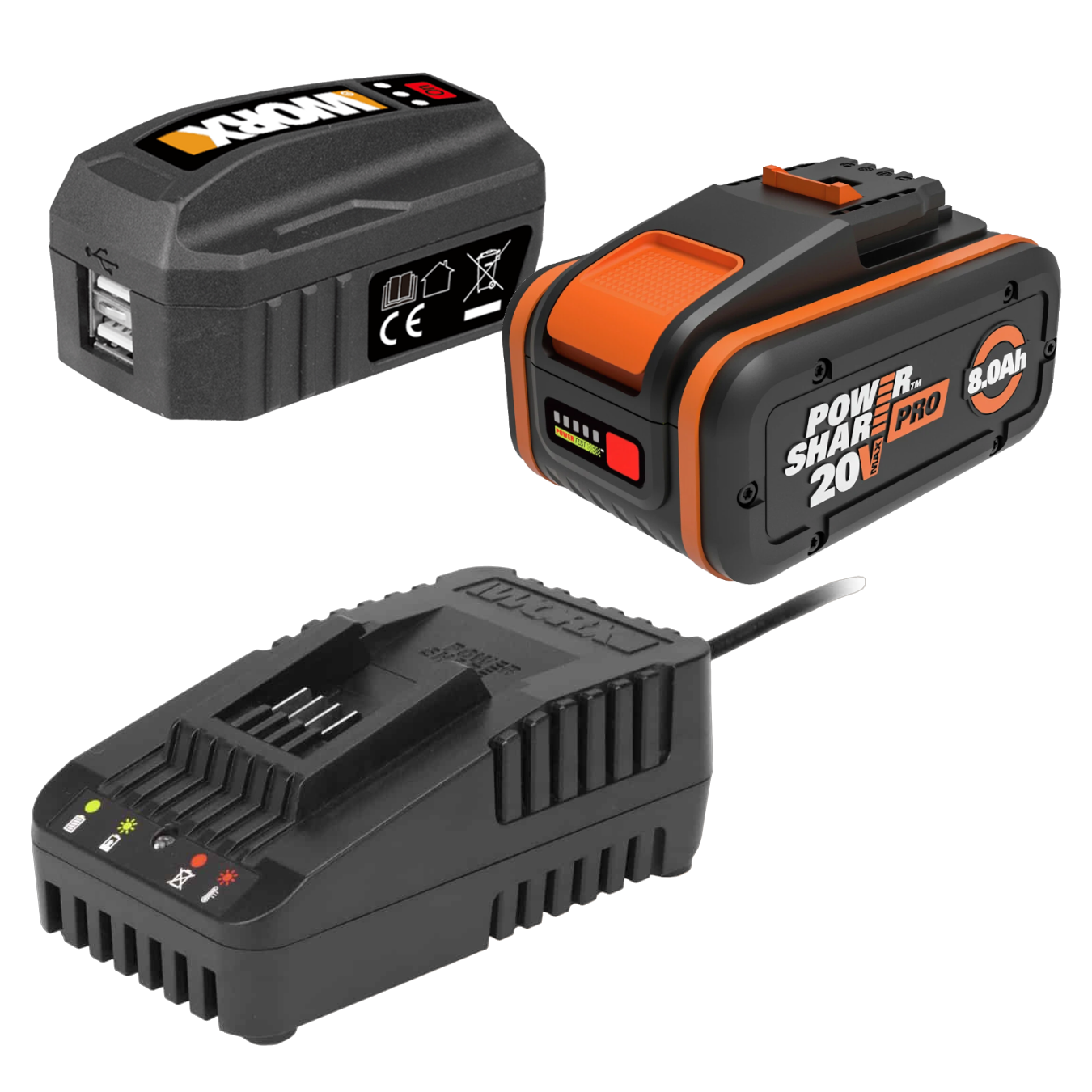 Worx 20V PowerShare Startsæt med 8,0Ah batteri, lader og USB ladeaggregat