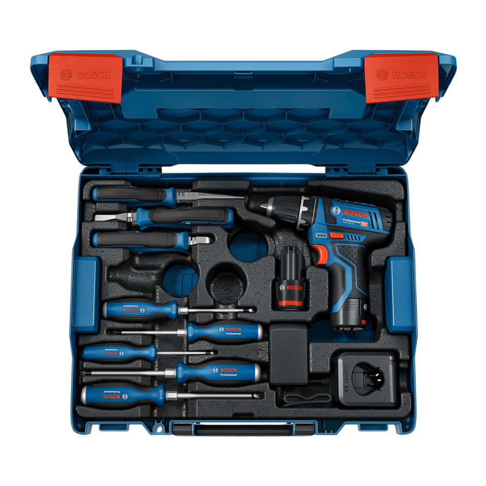 Bosch Professional GSR 12V-15 med batteri, lader, L-BOXX og værktøjer
