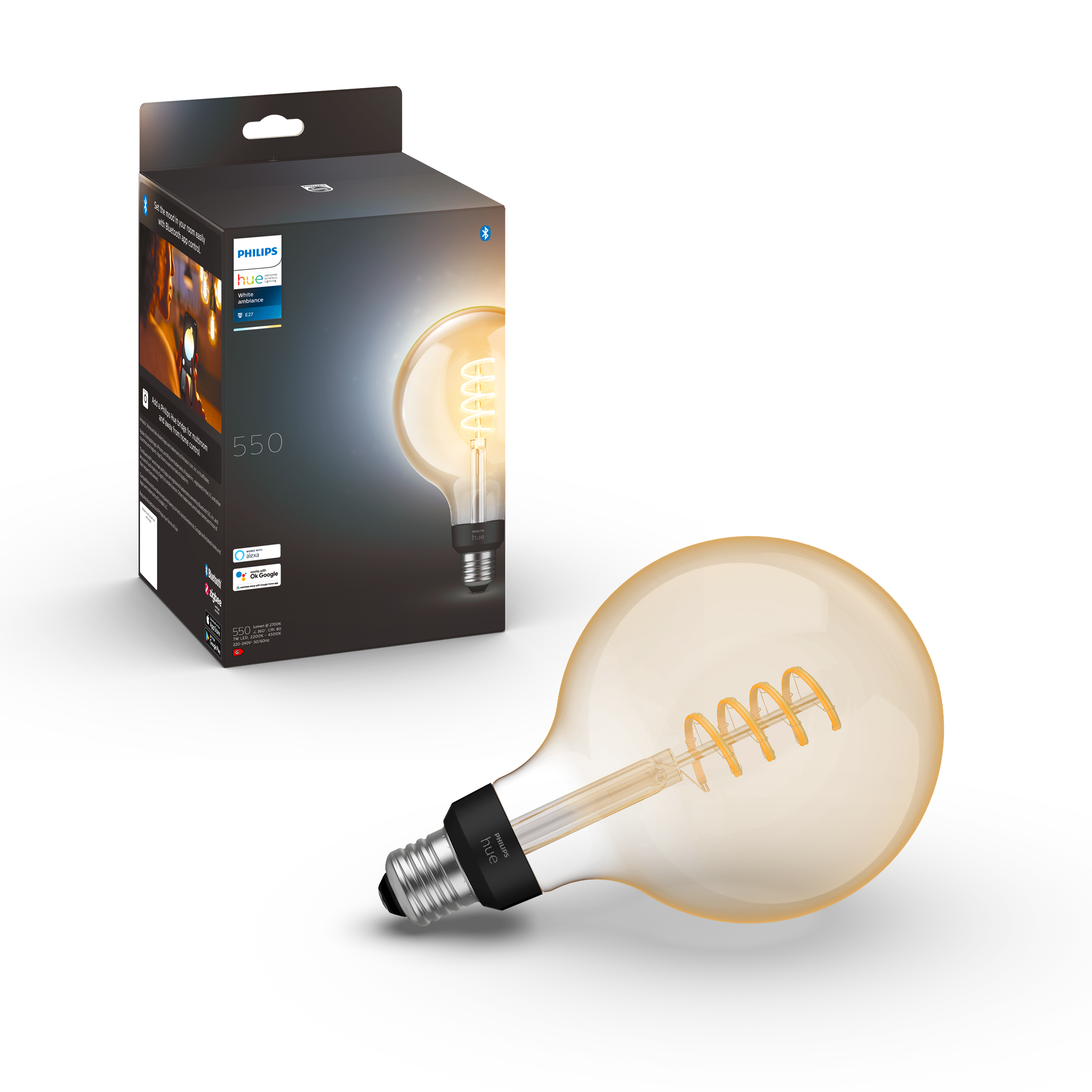 Philips Hue E27 G125 BT Filament White Ambiance 550 lm pære