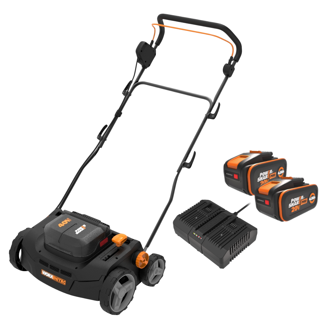 Worx WG855E 20V PowerShare Nitro Plænelufter/vertikalskærer 2x20V med 2 stk. 4,0Ah batteri og dobbelt lynlader
