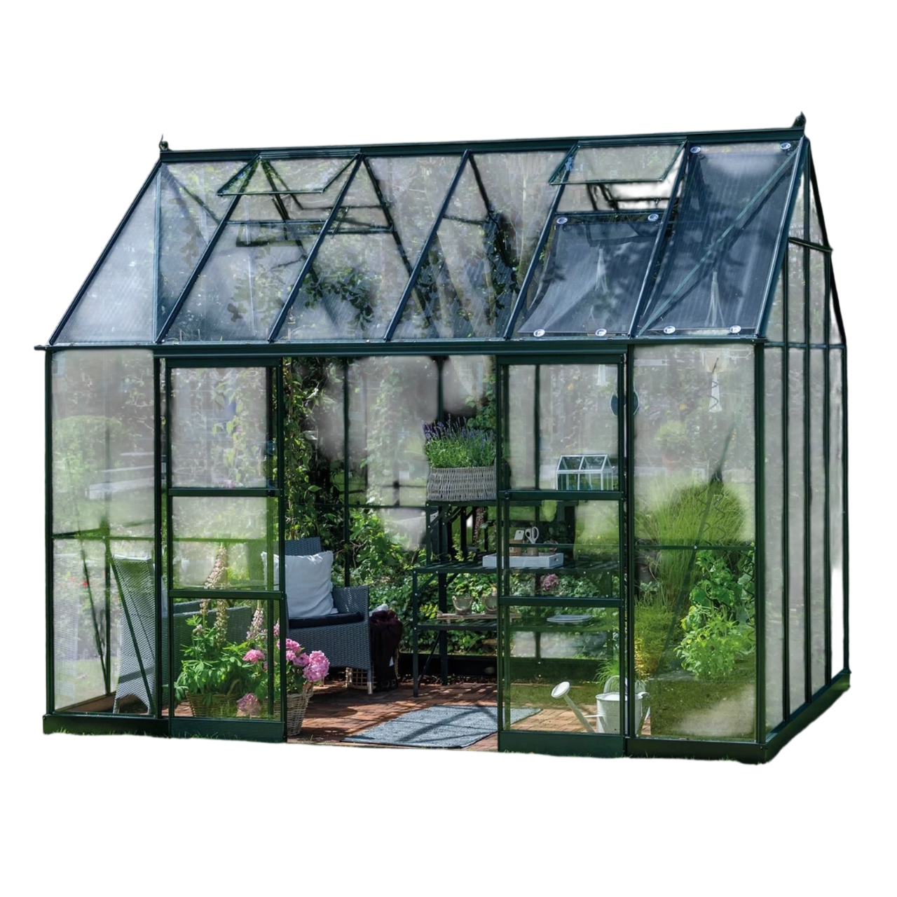 Halls ICON Planthouse 8 Drivhus i grøn 9,7 m² (8' x 12') med 3 mm hærdet glas inkl. sort fundament