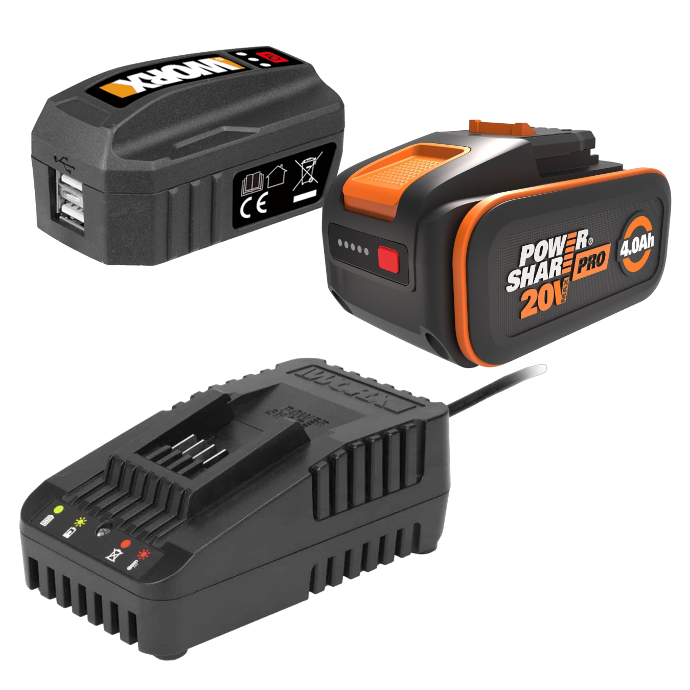 Worx 20V PowerShare Startsæt med 4,0Ah batteri, lader og USB ladeaggregat