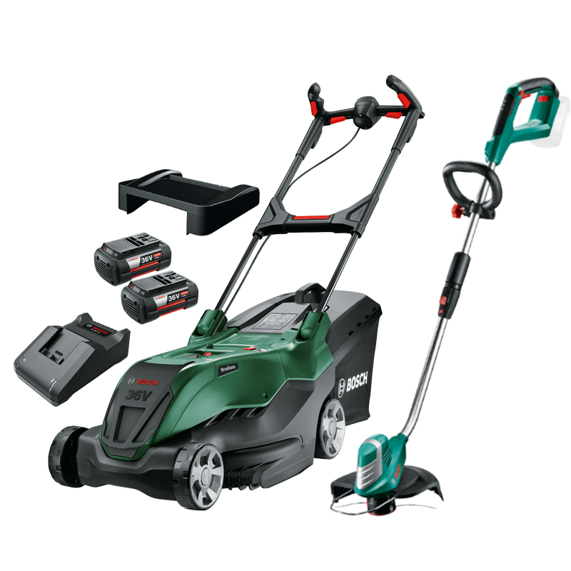 Bosch AdvancedRotak 36V-44-750 Batteridrevet plæneklipper med 2 stk. 4,0Ah batteri, lader, græstrimmer og bioprop