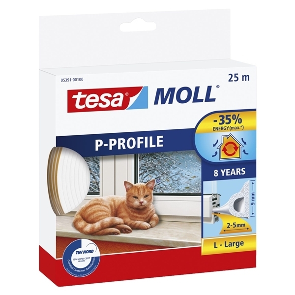 Tesa P-profil Gummi Tætningsliste Hvid – 9mm x 25m