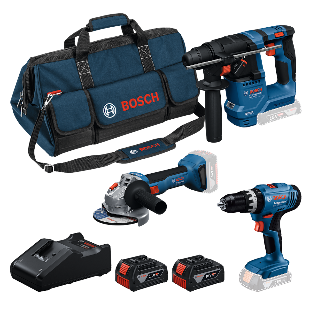 Bosch Professional PRO 18V Elværktøjssæt GBH, GSB, GWS med 2 stk. 4,0Ah batteri, lader og værktøjstaske