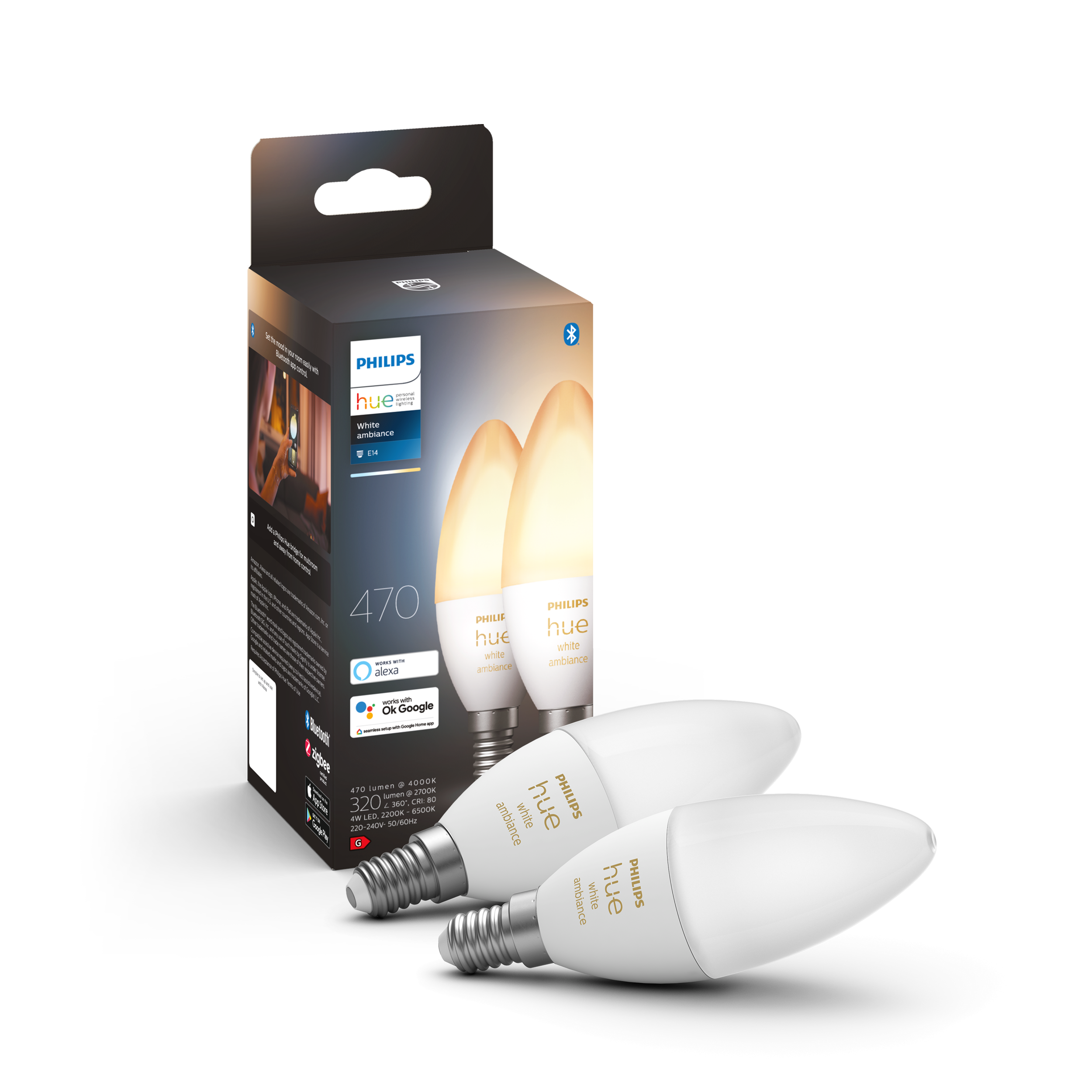 Philips Hue E14 BT White Ambiance 470 lm pære 2-pak