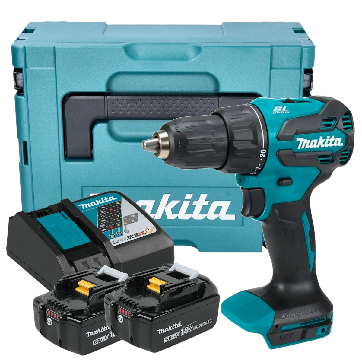 Makita DHP490RTJ 18V LXT Slagbore-/skruemaskine med 2 stk. 5,0Ah batteri, lader og MAKPAC