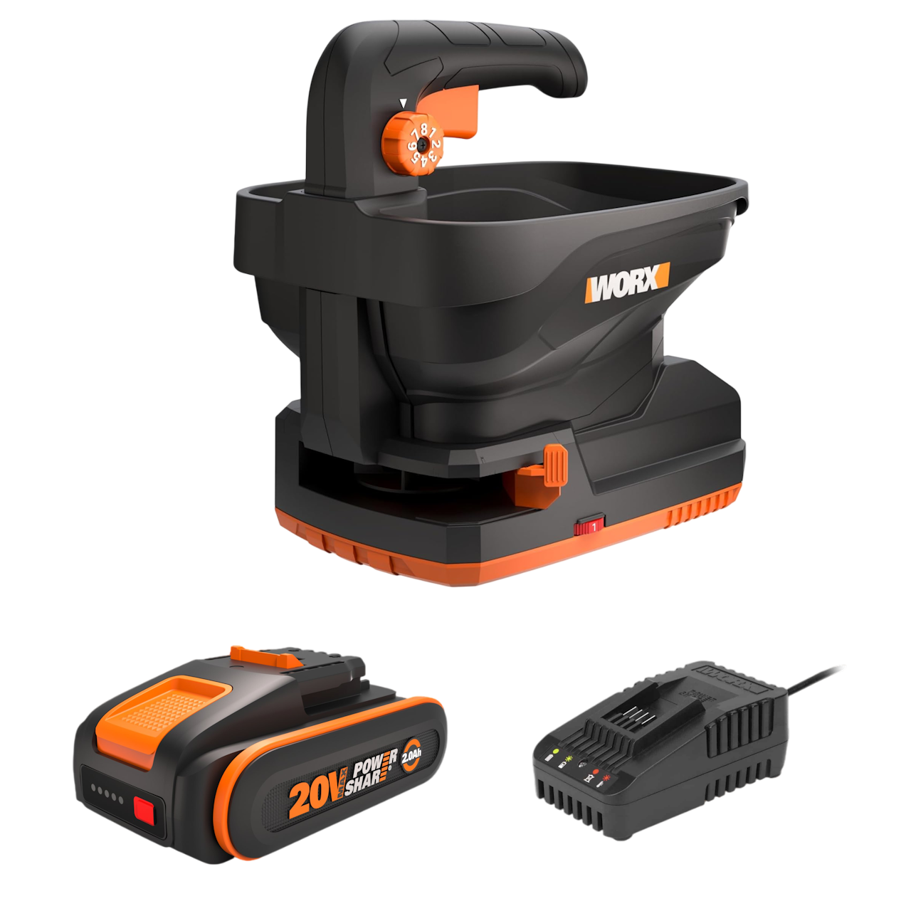 Worx WG869E.9 20V PowerShare Frø- og gødningsspreder med 2,0Ah batteri og lader