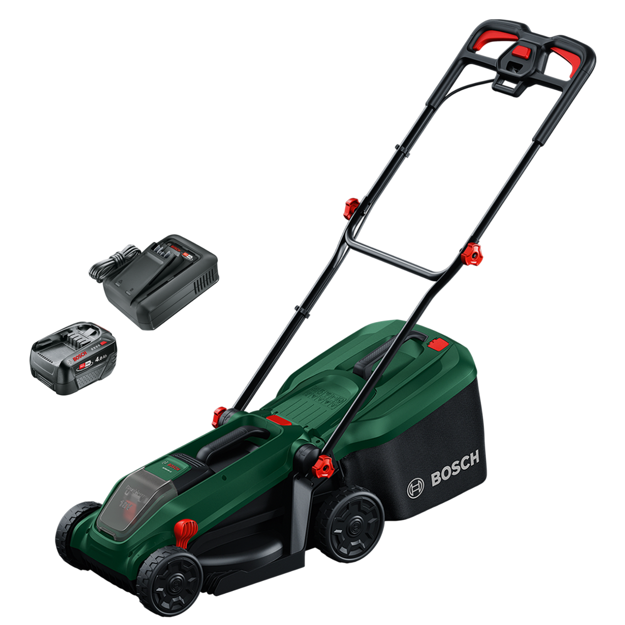 Bosch Rotak 18V-32 Batteridrevet plæneklipper med 4,0Ah batteri, lader og ekstra kniv