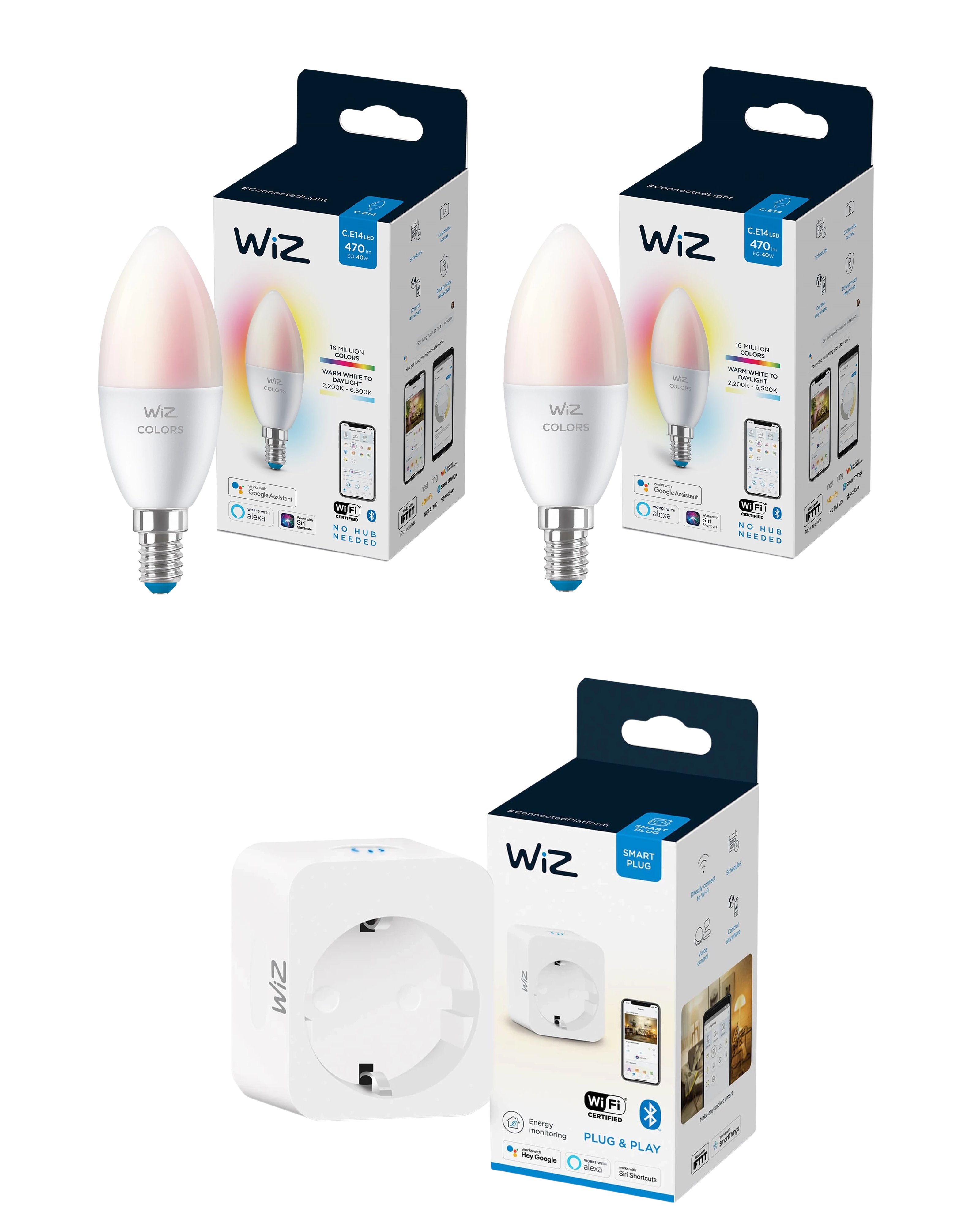 WiZ E14 C37 Colors & Tunable White 2-pak + Smart Plug