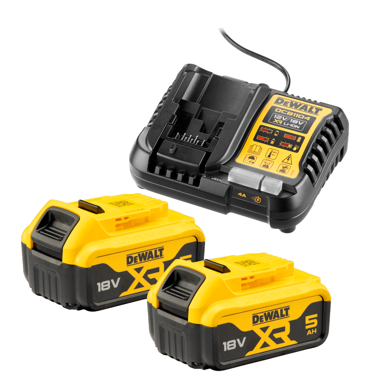 DeWALT DCB1104P2-QW 18V XR Batterisæt med 2 stk. 5,0Ah batteri og lader