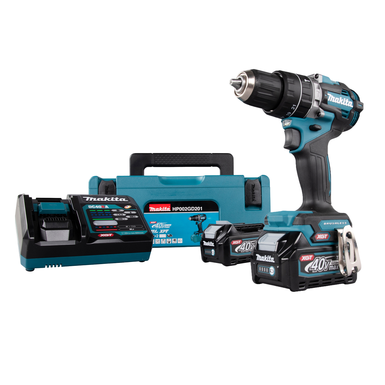 Makita HP002GD201 40V XGT Slagbore-/skruemaskine med 2 stk. 2,5Ah batteri, lader og Makpack