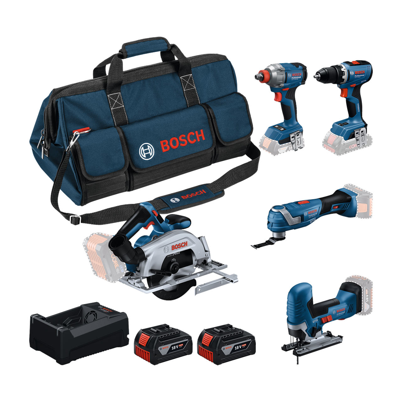 Bosch Professional PRO 18V Elværktøjssæt GSR, GDX, GKS, GOP, GST med 2 stk. 5,0Ah og lader