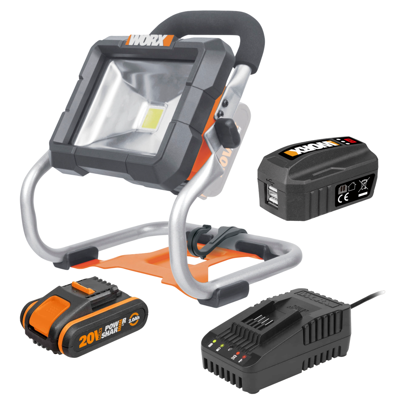 Worx WX026.9 20V PowerShare Arbejdslampe med 2,0Ah batteri, lader og USB