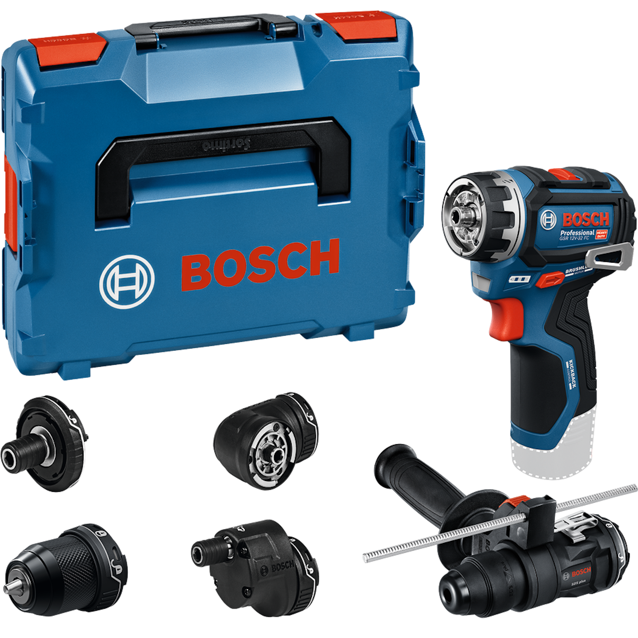 Bosch Professional GSR 12V-32 FC Bore-/skruemaskine med dybdeanslag, håndgreb, bitholder-, borehammer-, excenter-, metalborepatron- og vinkelforsatser