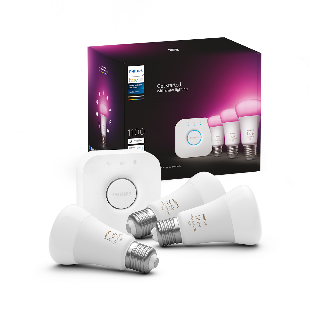 Philips Hue WCA Startsæt med Hue Bridge og 3 stk. E27 smart LED pærer