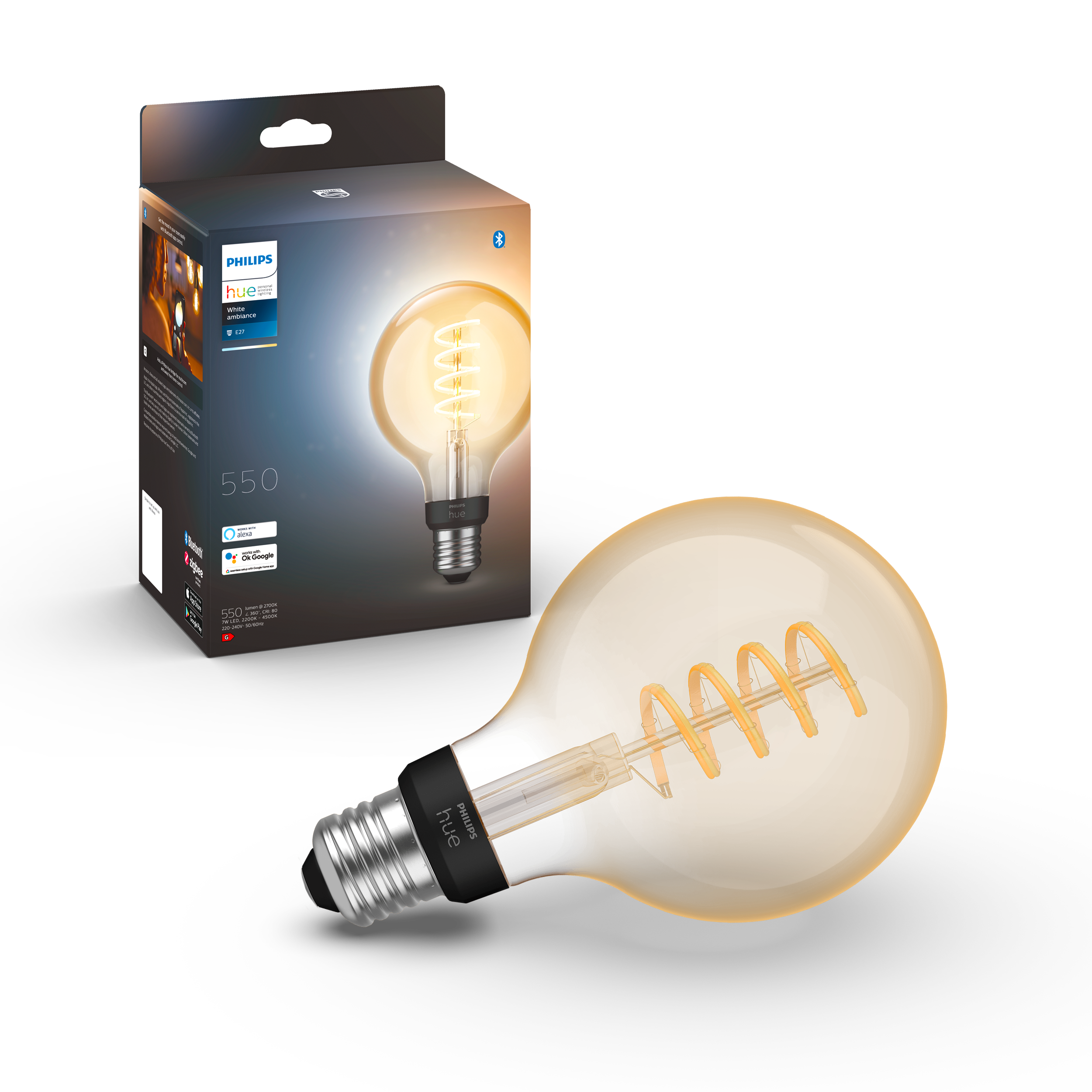 Philips Hue E27 G93 BT Filament White Ambiance 550 lm pære