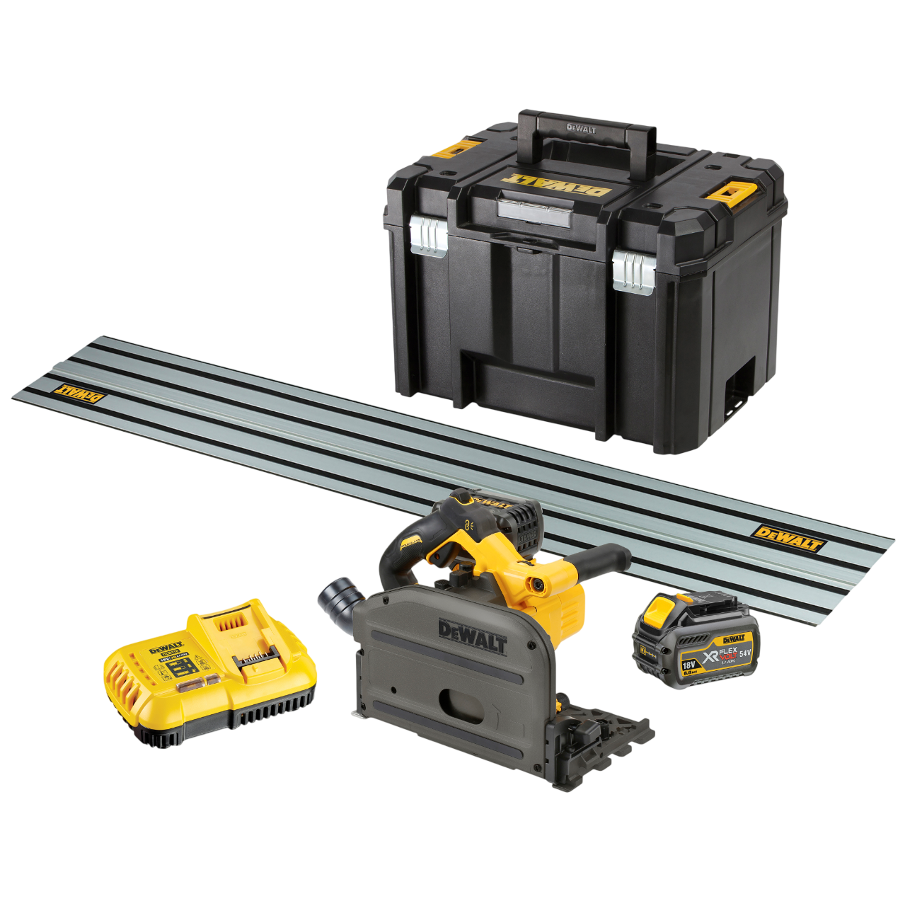 Dewalt DCS520T2R-QW 54V XR Flexvolt Dyksav med 2 stk. 9,0Ah batteri, lader, 1,5 m skinne og TSTAK