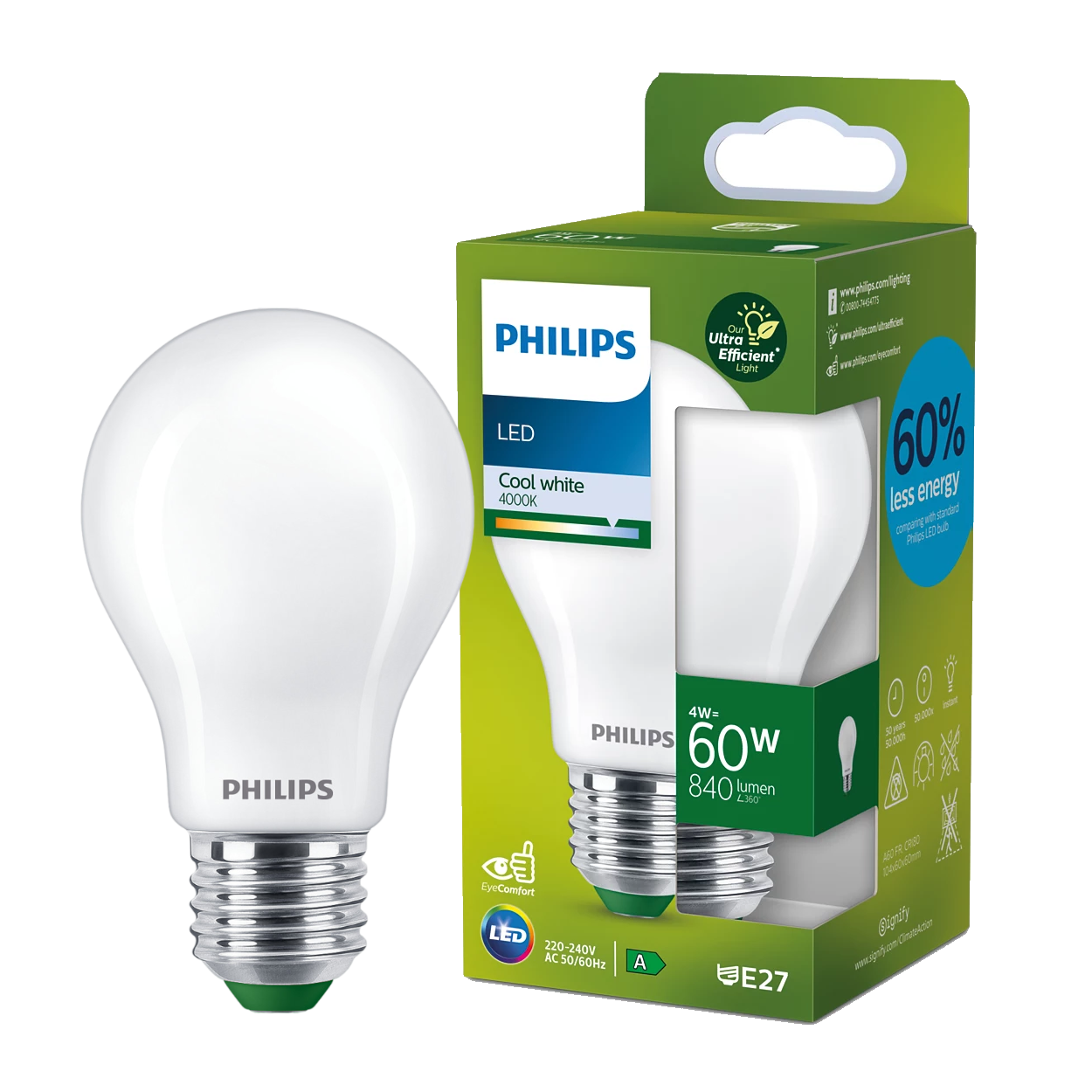 Philips E27 Utrolig Energibesparende LED Pære 4W A60 4000K 840lm