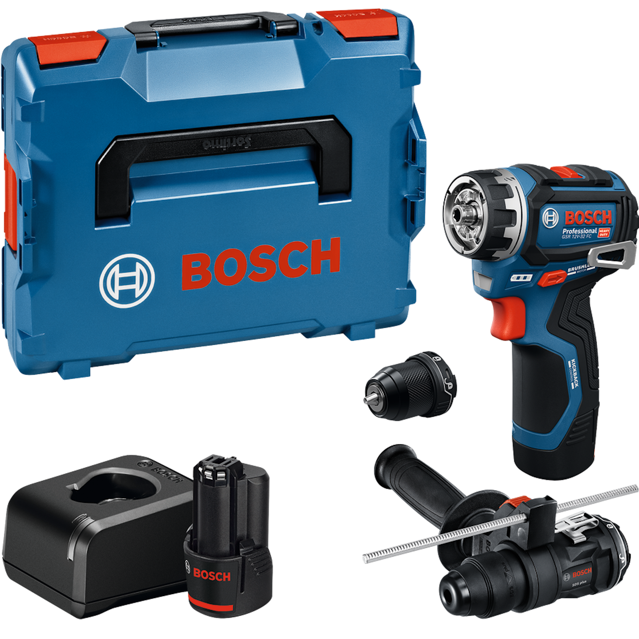 Bosch Professional GSR 12V-32 FC Bore-/skruemaskine med 2 stk. 2,0Ah batteri, lader, dybdeanslag, borehammer- og metalborepatronforsatser, håndtag og 