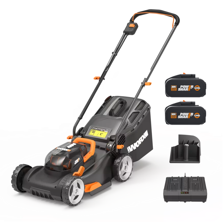 Worx WG743E 20V PowerShare Plæneklipper med 2 stk. 4,0Ah batteri og lader