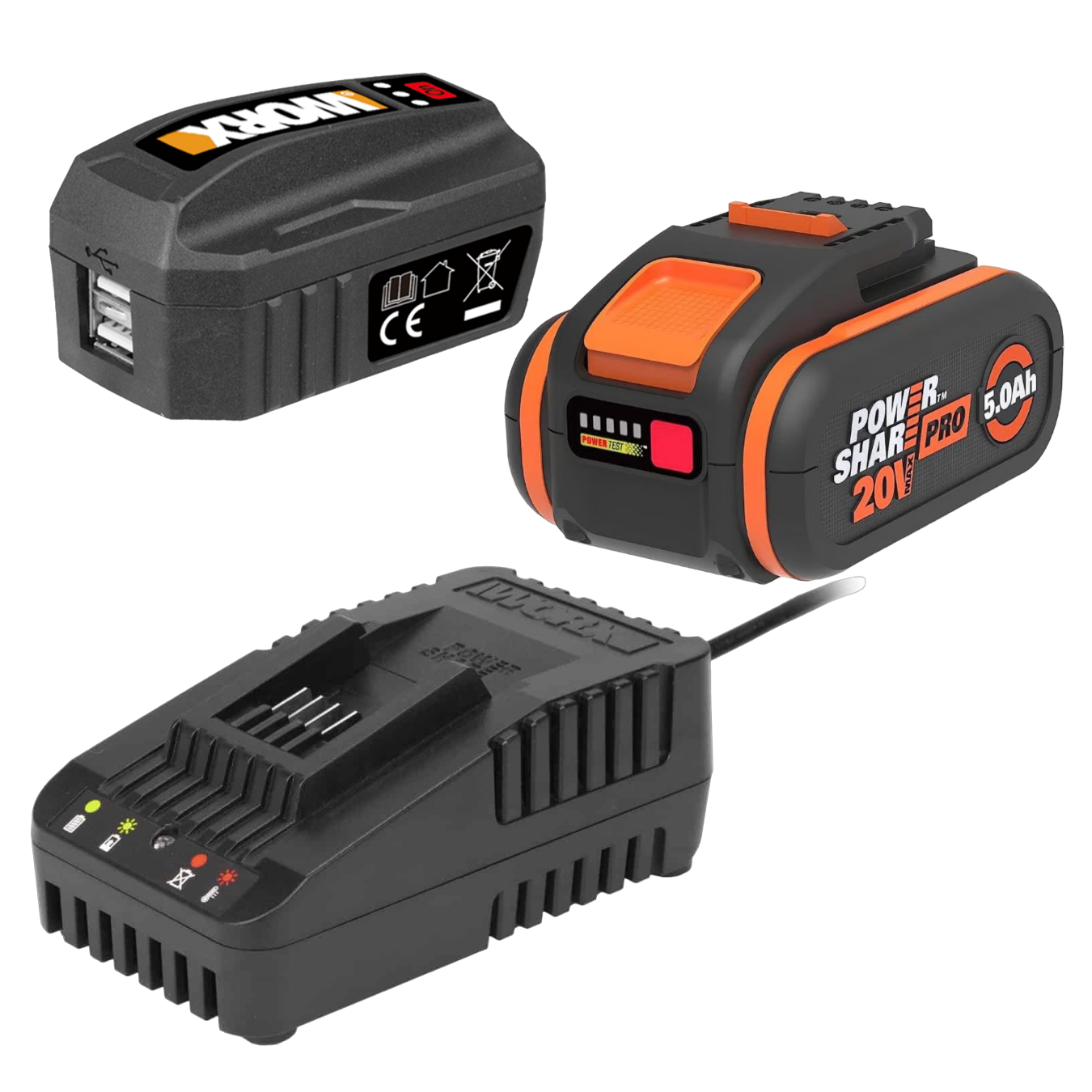 Worx 20V PowerShare Startsæt med 5,0Ah batteri, lader og USB ladeaggregat